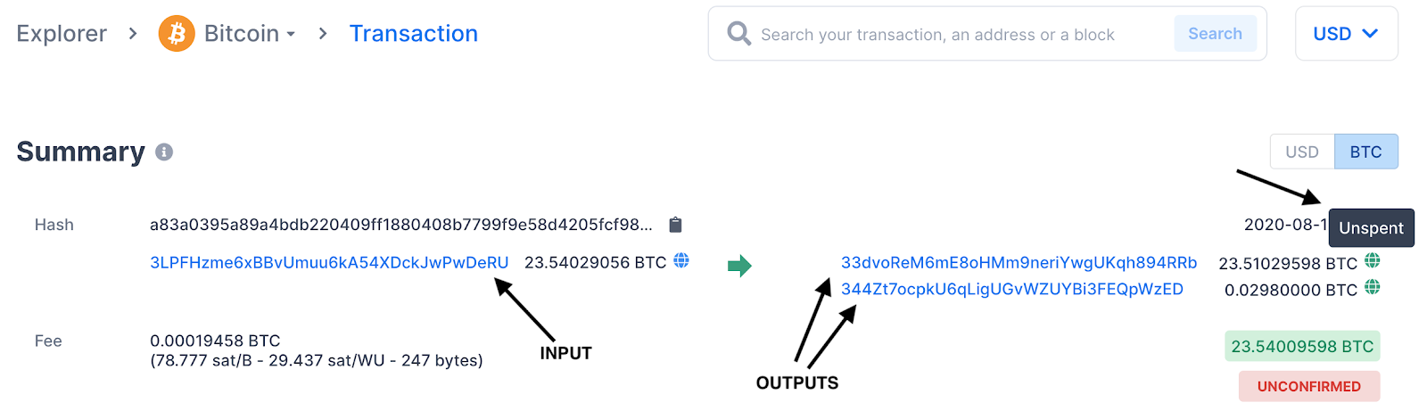 Primer Bitcoin transakcije, ki prikazuje vhodne in izhodne podatke