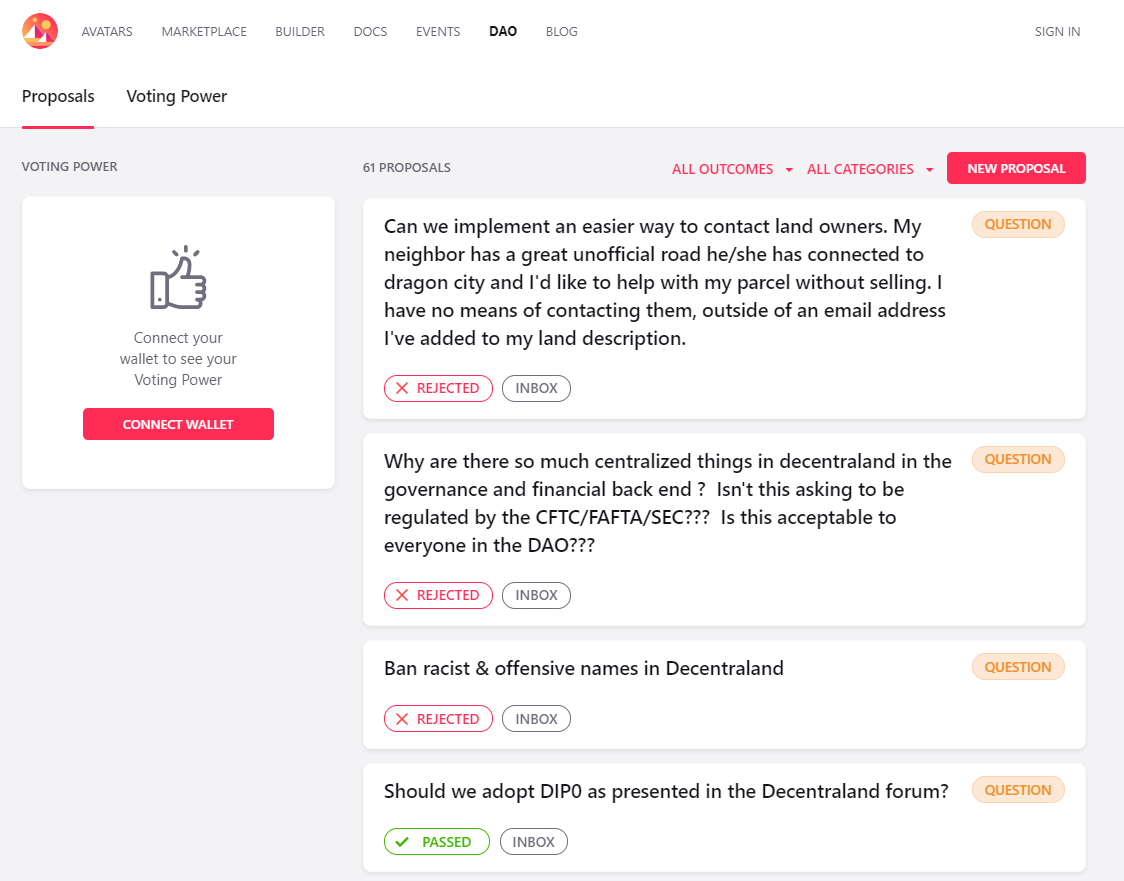 La página de propuestas de gobernanza de Decentraland